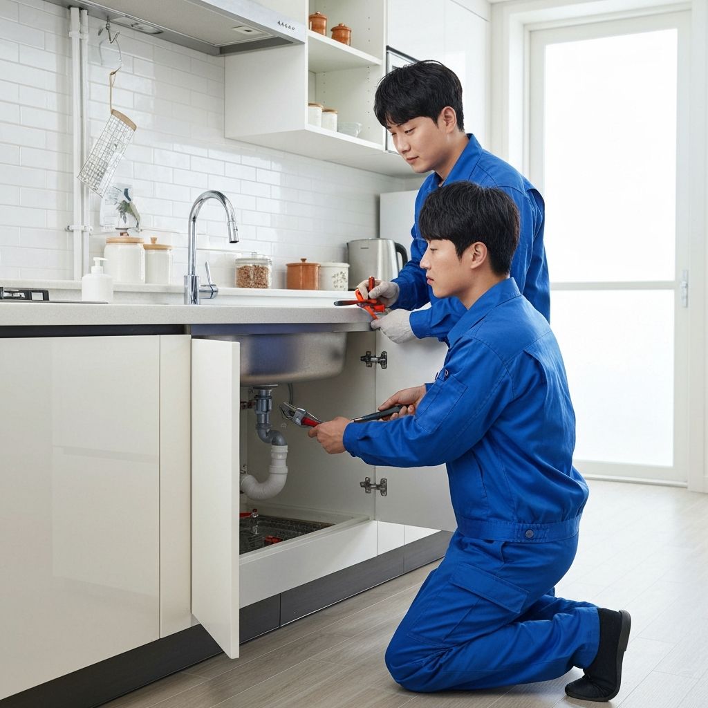 수리 중인 주방 싱크대